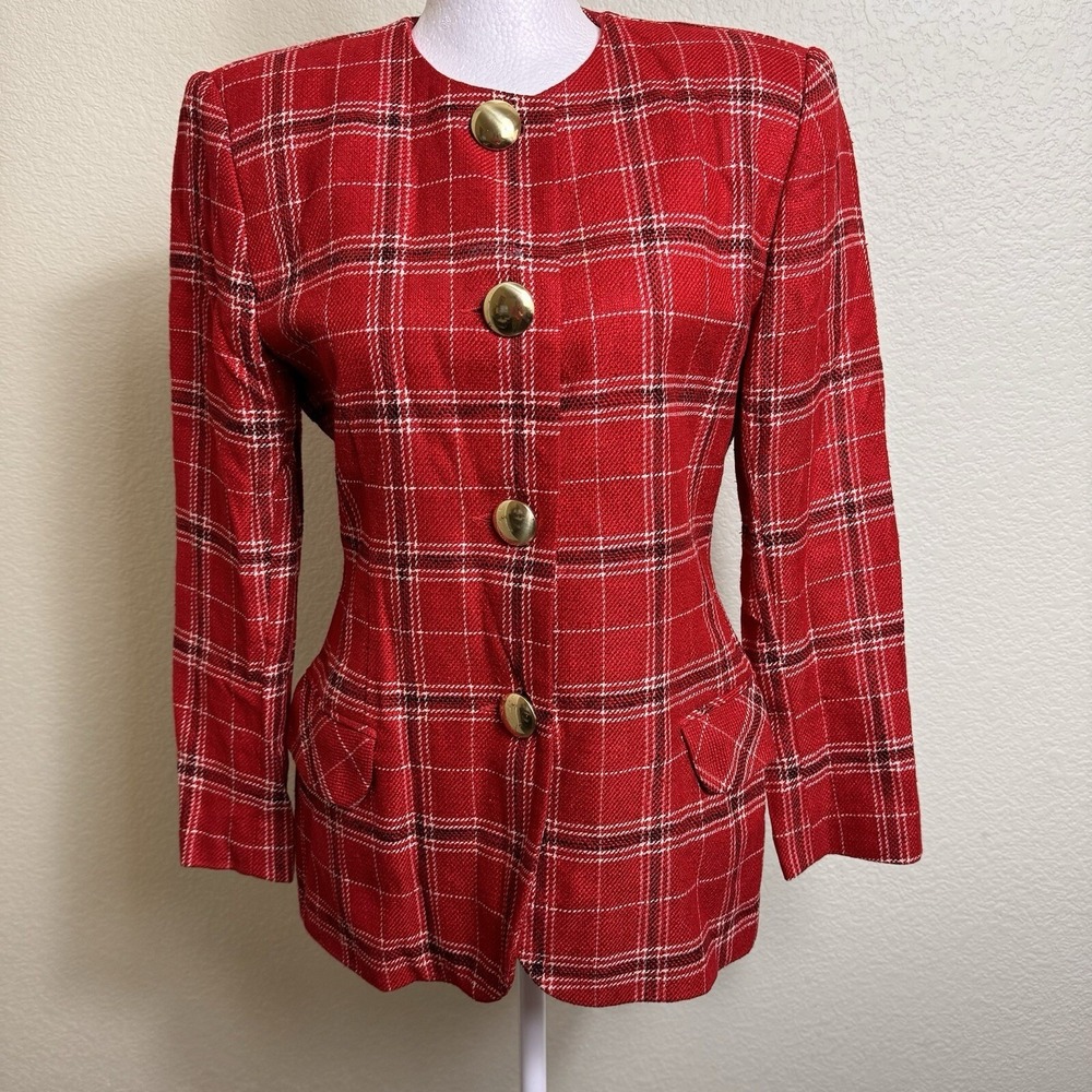 ER Gerard VTG 90s Tartan Blazer Womens 2P Red Plaid Gold Button Academic Jacket